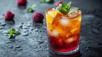 Poster - Refreshing glass of iced fruit tea garnished with fresh mint leaves showcasing vibrant colors and condensation droplets set against a smooth grey background with ample space for copy