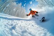 © Benjamin - Professional skier skiing fast downhill through forest in deep powder snow
