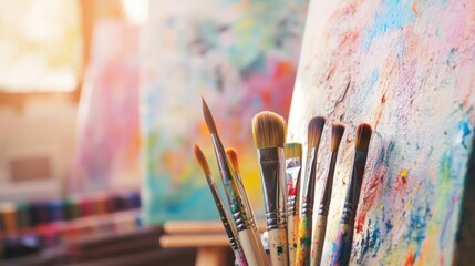 Poster - An uplifting painting session in a sunlit studio, Paintbrushes and canvases arranged with creative flair, Artistic studio style