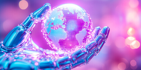 Poster - a robotic hand reaches out to a bright digital globe, symbolizing the merging of technology and glob