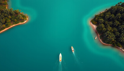 Aerial top-down view of boats cruising along tropical lake shore. Scenic emerald lake surrounded by pine forests isolated with white highlights, png