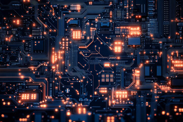 Fototapete - High-tech background with glowing pathways and components on circuit board. Concept of advanced technology and electronics