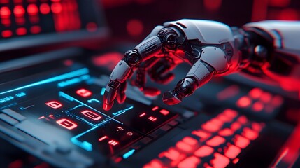 Poster - futuristic robot utilizing precision tools to meticulously adjust advanced automotive systems surrou