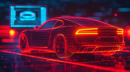 Poster - futuristic robot using precision tools to adjust advanced car systems with a floating holographic in