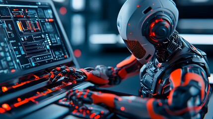 Poster - futuristic robot using precision tools to adjust car systems with a floating holographic interface a