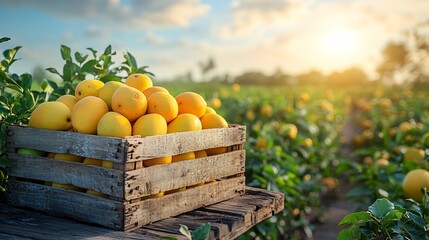 Poster - Rustic wooden box brimming with fresh mangoes on a wooden table set against a vibrant green field under a sunny blue sky creating a bright summery backdrop with ample space for text