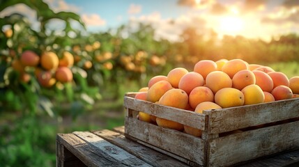 Poster - Rustic wooden box brimming with fresh mangoes on a wooden table set against a vibrant green field under a sunny blue sky creating a bright summery backdrop with ample space for text