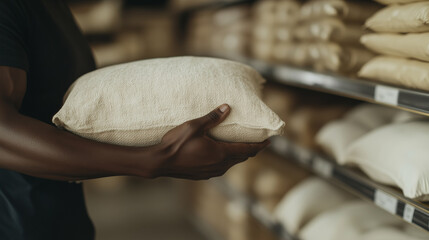 A man is holding a bag of white rice in a store