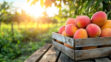 Poster - Rustic wooden box brimming with fresh mangoes on a wooden table set against a vibrant green field under a sunny blue sky creating a bright summery backdrop with ample space for text