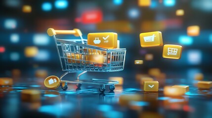 Poster - A shopping cart with various icons representing online shopping, e-commerce, and digital payments.