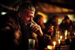 © world - Bearded Viking man in a candle-lit tavern scene