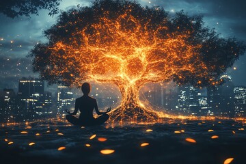 A silhouette of a person meditating in front of a glowing tree in a city at night.