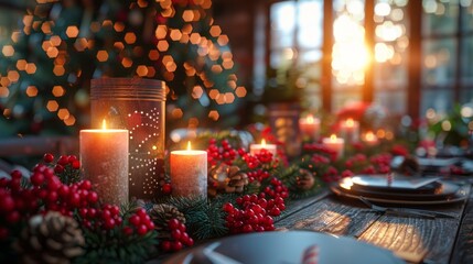 Poster - A table with a Christmas tree and candles on it