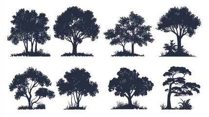 Collection of silhouette trees on white background, perfect for graphic design and nature themes.