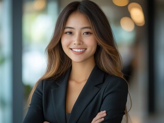 Young asian businesswoman smiling with confidence in office building