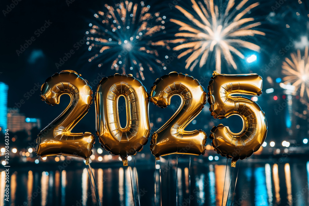 Gold New Years 2025 celebration balloons and fireworks. Stock ...