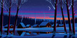 © alaver - Winter season landscape night panorama with village under the snow in the first plan and forest in the background. Handmade drawing vector illustration. Can be used for christmas gifts, decorations.