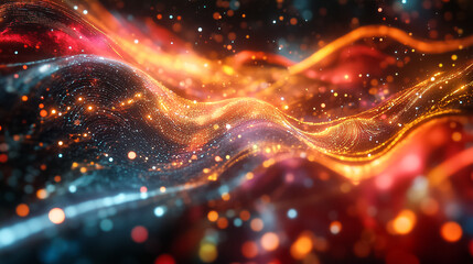 Poster - Vivid data streams weave through a digital landscape, glowing with colorful light patterns and intricate details