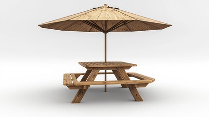 Poster - Singlepiece wood picnic table and benches with a wide sunshade umbrella in 3D showcasing natural wood grain and an inviting structure set against a plain white background for emphasis