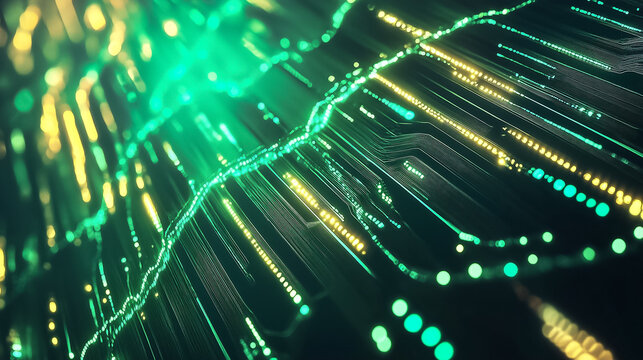 Dynamic visualization of green and yellow data streams illustrating movement and energy in a digital world