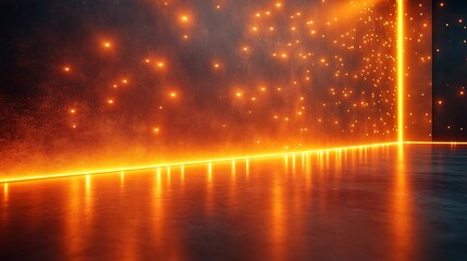 Poster - Sleek metal shadow gradient studio abstract background with a warm orange wall and floor highlighted by laser light sparkles offering an engaging showcase for innovative electronics and automobiles