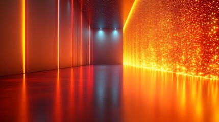 Poster - Sleek metal shadow gradient studio abstract background with a warm orange wall and floor highlighted by laser light sparkles offering an engaging showcase for innovative electronics and automobiles