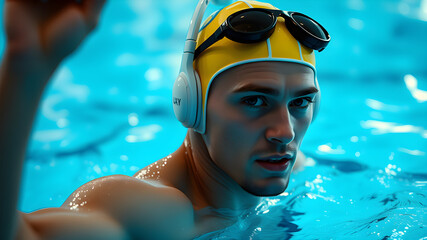 A man in a yellow swim cap and goggles is in the water