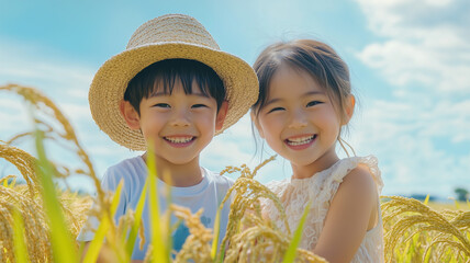 Poster - 稲穂で笑顔を見せる子供たち