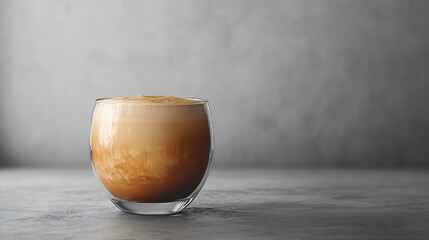 Poster - Smooth glass of dalgona coffee with rich velvety foam highlighted against a plain grey backdrop creating a stylish and inviting setting Room for text makes it perfect for promotion