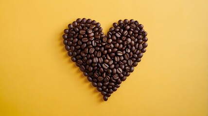 Heart or love shape coffee beans on vibrant yellow solid background, roasted brown caffeine bean warmth & artistic arrangement. top view