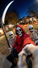 trois squelettes qui se font un selfie dans les rues d'un lotissement pendant Halloween