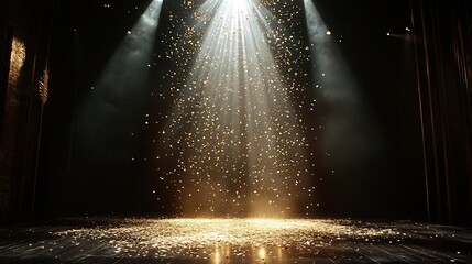 Poster - Stage with golden confetti falling illuminated by a bright white spotlight in the center the empty room has a dark ambiance creating an elegant contrast for celebrations and award nights