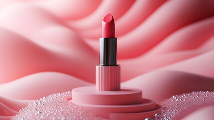 Fototapete - Striking lipstick mockup displayed on a pink pedestal surrounded by abstract geometric shapes with a soft gradient background adding depth and a modern touch ideal for beauty product presentations