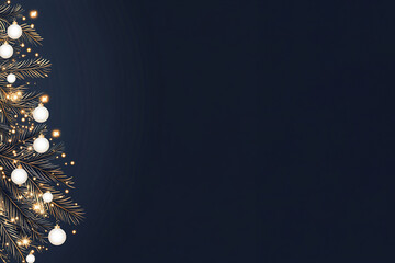 Christmas background, tree drawn in golden tones with white balls hanging from it.