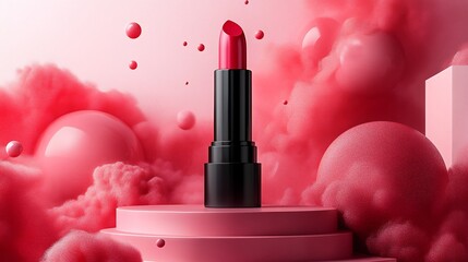 Fototapete - Striking lipstick mockup displayed on a pink pedestal surrounded by abstract geometric shapes with a soft gradient background adding depth and a modern touch ideal for beauty product presentations
