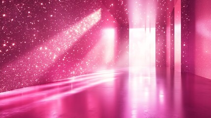 Poster - Striking metal shadow gradient studio abstract background with a bold magenta wall and floor radiating with dynamic light beams and laser sparkles ideal for showcasing luxury cars and electronics