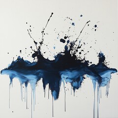 Poster - Striking visual of blue tar stain a pure white background with multiple black paint splatters dancing around it The image evokes feelings of both messiness and artistic freedom highlighting contrast