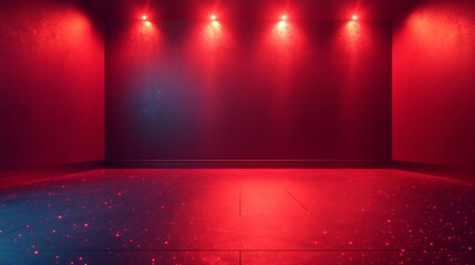 Poster - Stunning metal shadow gradient studio abstract background with a vibrant red wall and floor illuminated by sparkling laser lights creating an inviting showcase for modern electronics and cars
