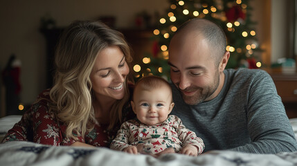 family photo at christmas opening very excited presents