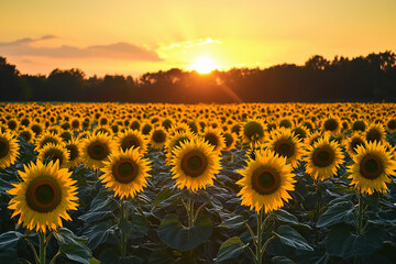 Fototapete - Sunset over a sunflower field in full bloom during summer