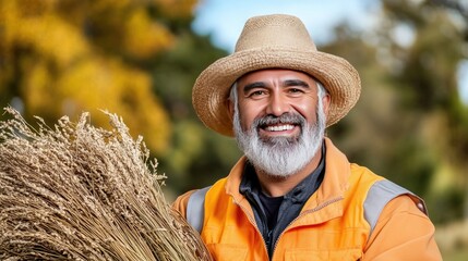 A joyful elderly man in work attire sweeps the park, promoting cleanliness and community pride with a warm smile.