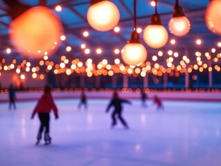 A festive ice skating scene illuminated by warm, glowing lights, creating a magical atmosphere for winter fun and joy.