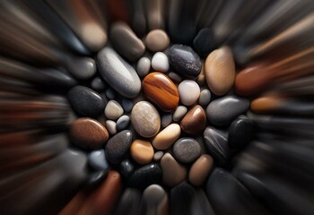 Poster - A collection of smooth, rounded stones, with a mix of grey, brown, and white colors, radiating outward from the center in a blurred background.