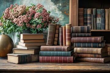 A cozy study corner featuring antique books and floral arrangements in warm natural light