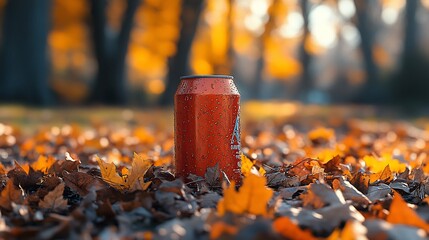 Fototapete - Stylized image of an empty soda can placed in an outdoor setting surrounded by fallen leaves and grass The cans colors pop against the natural background suggesting a moment of forgotten refreshment