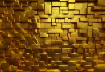 Poster - A close-up of a surface made of shiny gold blocks stacked and arranged in a brick-like pattern.