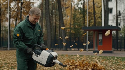 Wall Mural - A groundskeeper is actively blowing yellow autumn leaves in a park, with a blurred background of trees and a red kiosk.