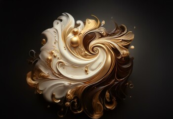 Poster - Abstract swirling pattern of gold and white with small golden spheres on black background.