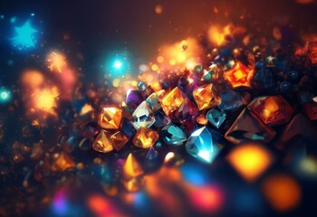 Poster - Brightly colored, faceted gemstones, with a shiny, reflective surface, are gathered in a pile, illuminated by a soft, warm light.