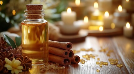 Poster - Vibrant arrangement of cinnamon aromatic essential oil and cinnamon sticks set against a light beige wooden background illuminated by soft natural light evoking a fresh spa concept with copy space